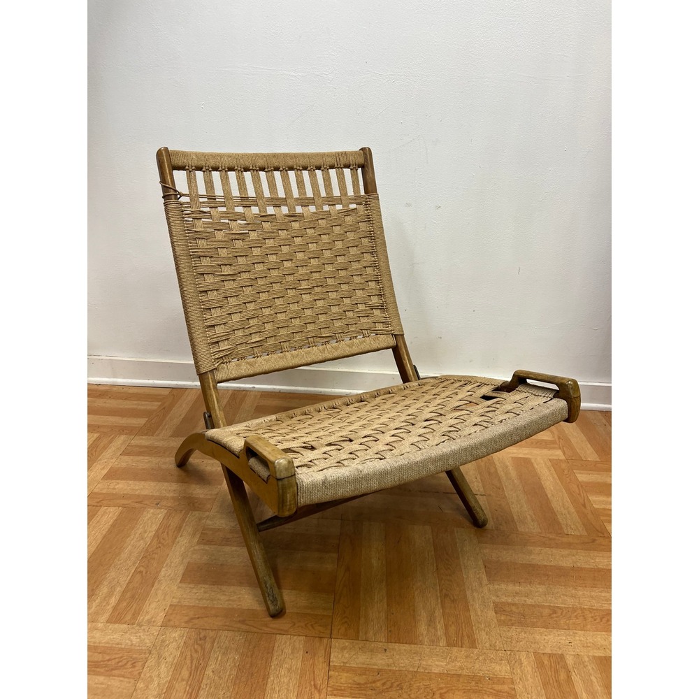 Vintage Folding Lounge Chair  Hans Wegner Mid Century Modern Wood Woven Rope 60s